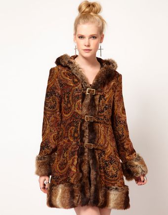 Mink Pink Hendrix Paisley Velvet Faux Fur Trim Coat - Lyst