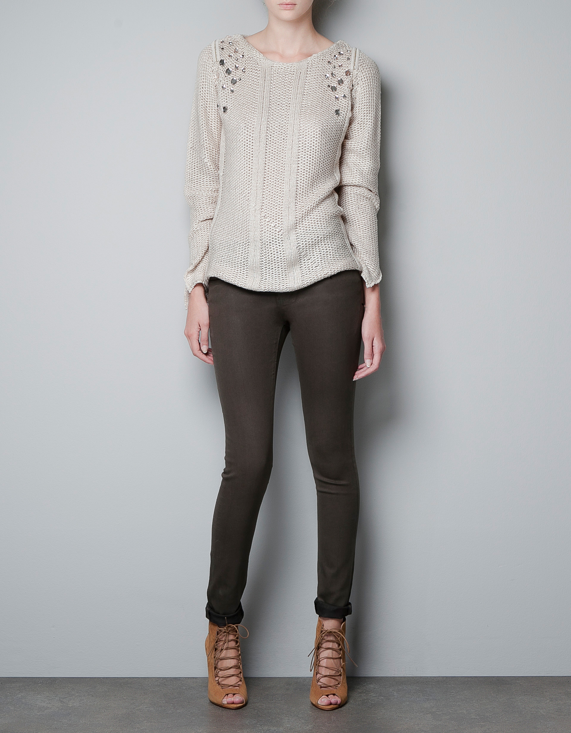 Zara Openwork Jumper with Diamante On Shoulders in Beige (pink) Lyst