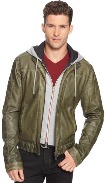 Armani Jeans Eco Leather Detachable Hood Jacket in Green for Men ...