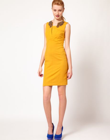 Ted Baker Embellished Collar Dress In Yellow Lyst 6270