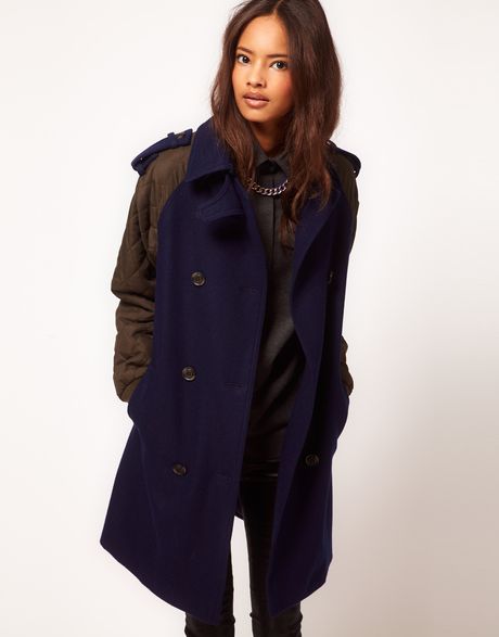 Asos Collection  Quilted Contrast Sleeve Coat in Green (navy) - Lyst