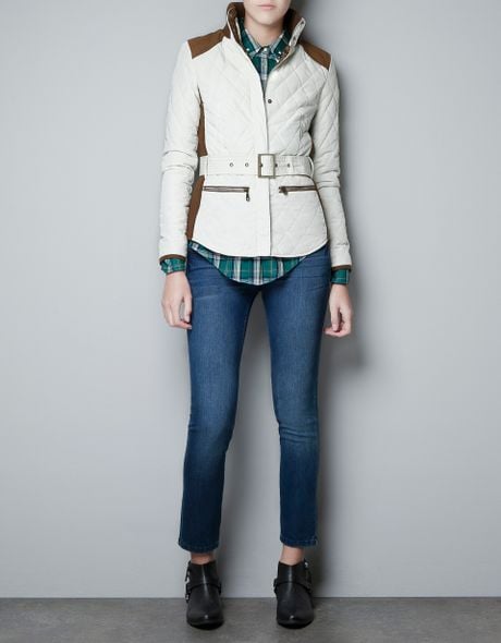 Zara Padded Jacket with Belt in Beige (off white) | Lyst