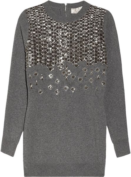 Lela Rose Embellished Wool Sweater in Gray (charcoal) - Lyst