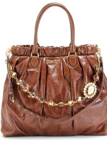 Miu Miu Crystal Chain Strap Leather Tote - Lyst