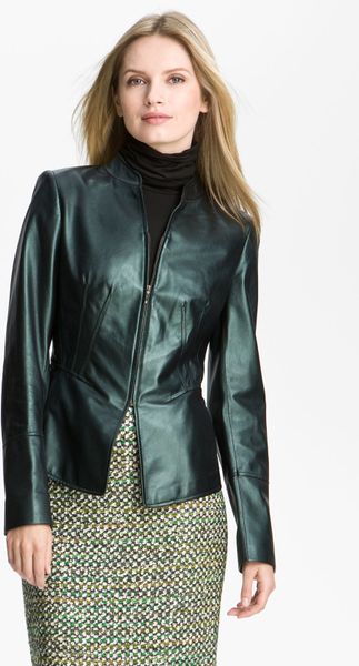 Lafayette 148 New York Pearlized Leather Jacket in Green (emerald