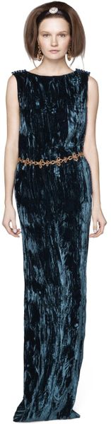 Oscar De La Renta Crushed Pleated Velvet Column Gown in Blue (nile) - Lyst
