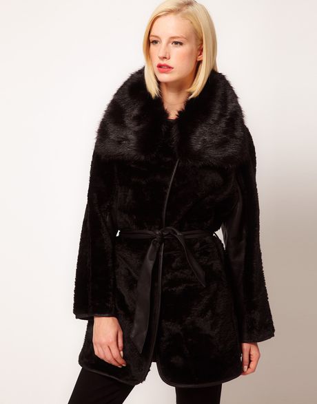 Asos Collection Fur Coat with Pu Belt in Black - Lyst
