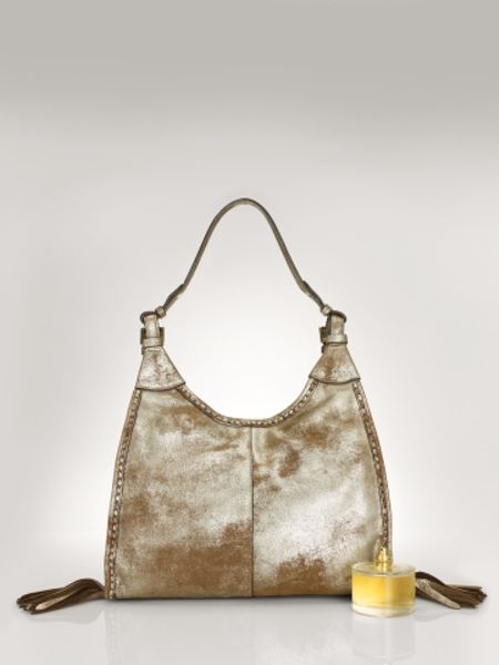 Lauren By Ralph Lauren Washed Metallic Suede Hobo in Brown (washed gold