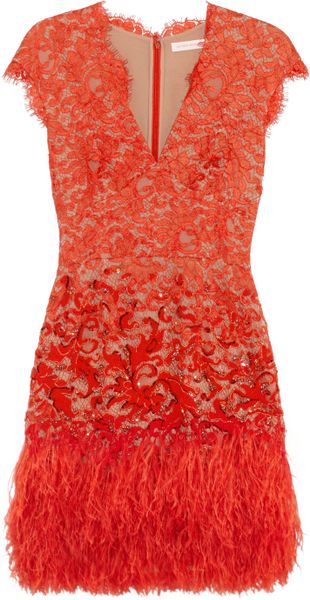 Matthew Williamson Feathertrimmed Embellished Lace Dress in Red - Lyst