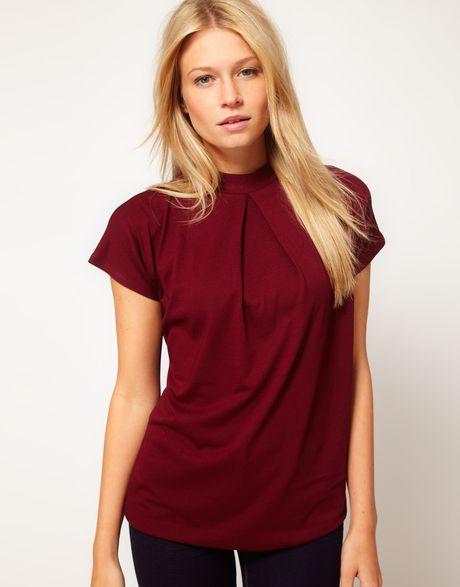 Asos Collection Asos Top with Pleat Front and High Neck in Red (oxblood) - Lyst