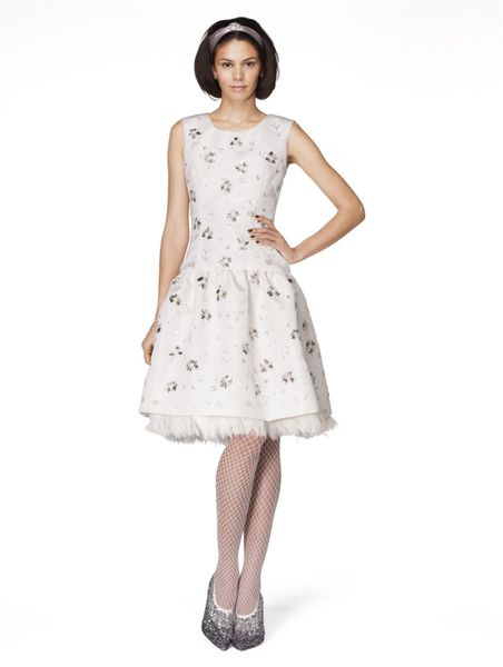 Oscar De La Renta Embroidered Cocktail Dress with Feathers in Beige (floral) - Lyst