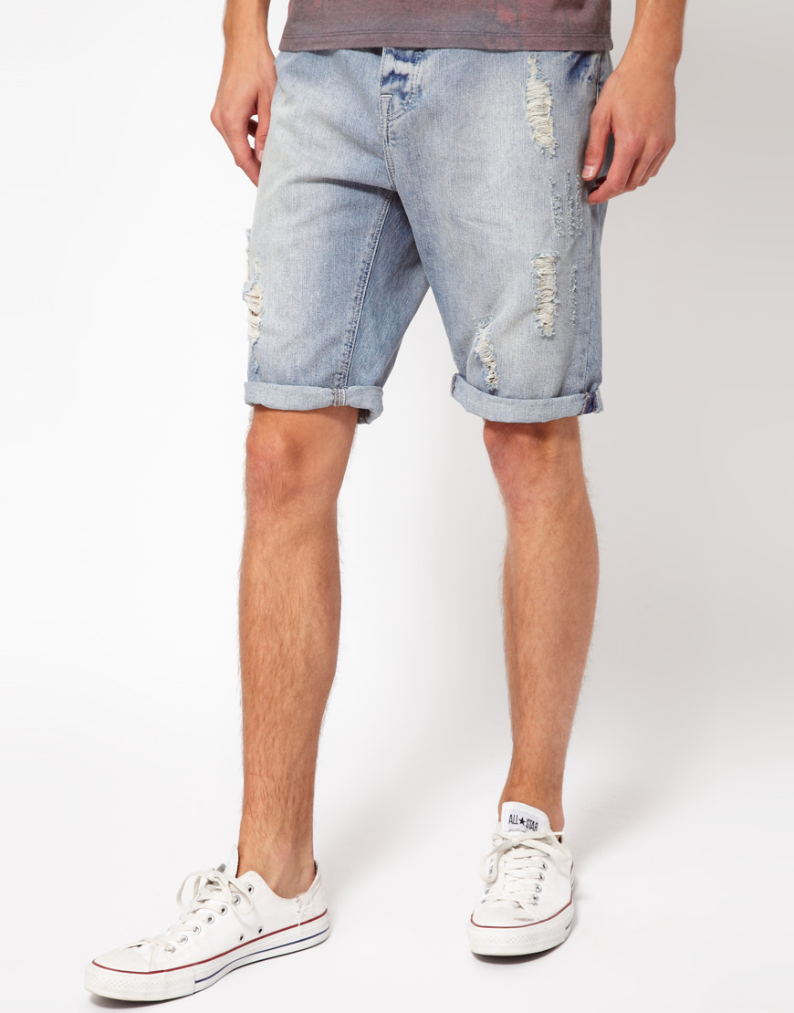 River Island Ripped Denim Shorts In Blue For Men Lyst