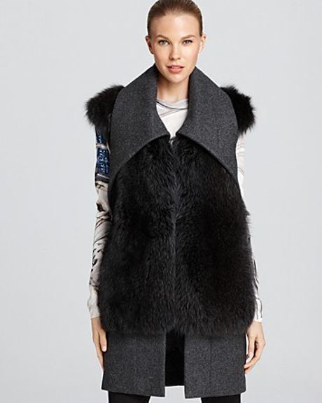 Vera Wang Wool and Fur Combo Vest  in Gray (charcoal) - Lyst