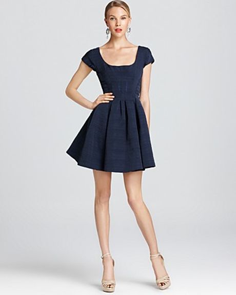 Zac Posen Jacquard Dress Short Sleeve with Pleated Skirt in Blue (caspian blue) - Lyst