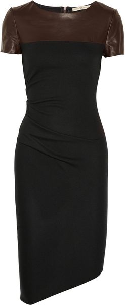 Halston Heritage Leather Detailed Wool Jersey Dress in Black - Lyst