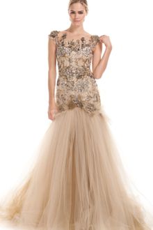 Marchesa Fw Embroidered Illusion Cap Sleeve Gown - Lyst