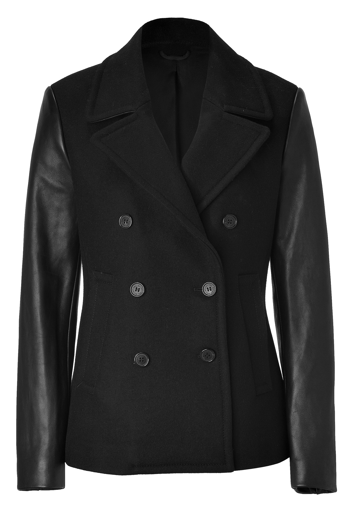 Neil Barrett Black Wool Pea Coat with Leather Sleeves in Black | Lyst