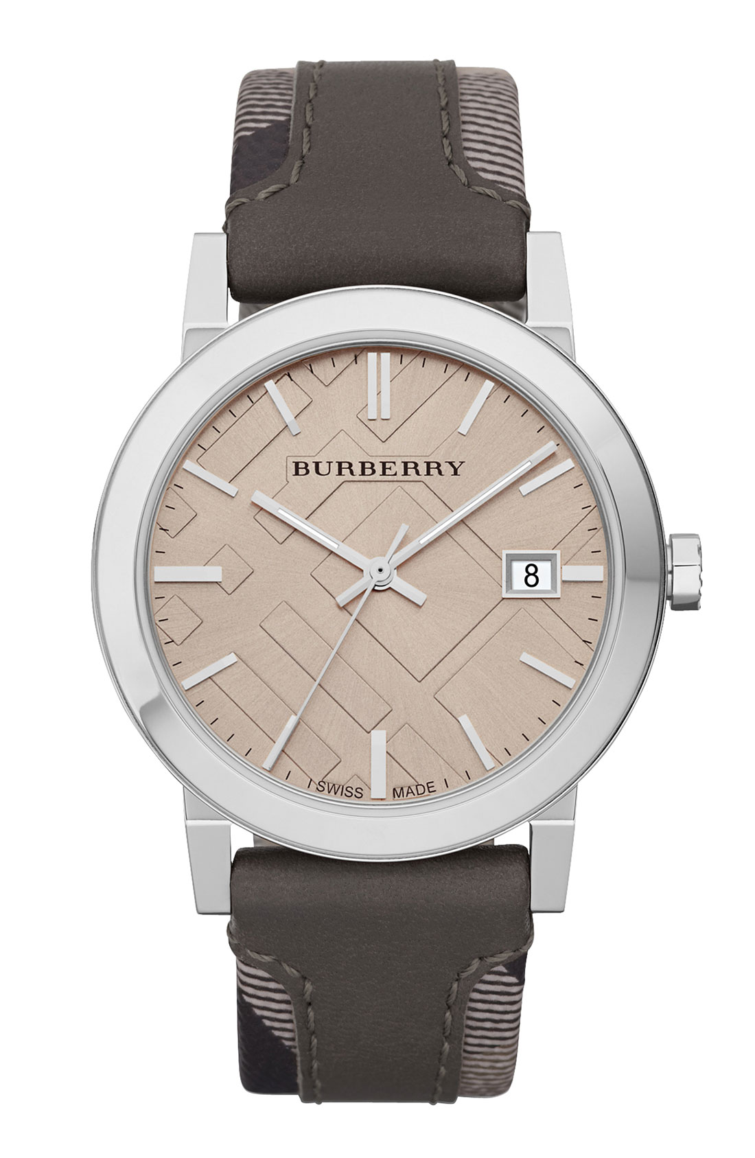 Burberry Check Stamped Leather Strap Watch in Brown for Men Lyst
