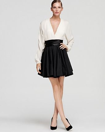 Halston Heritage Long Sleeve Dress Silk Taffeta Flared Skirt - Lyst
