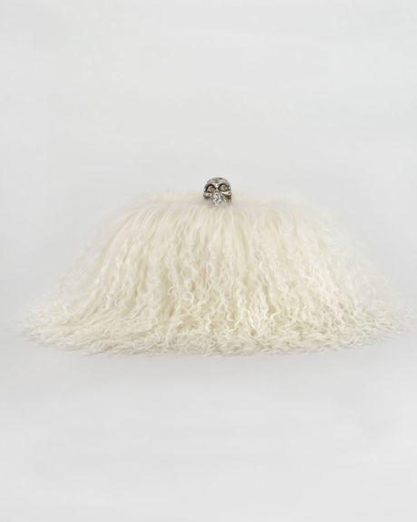 Alexander Mcqueen Mongolian Shearling Skullclasp Clutch Bag in White (white ivory) - Lyst