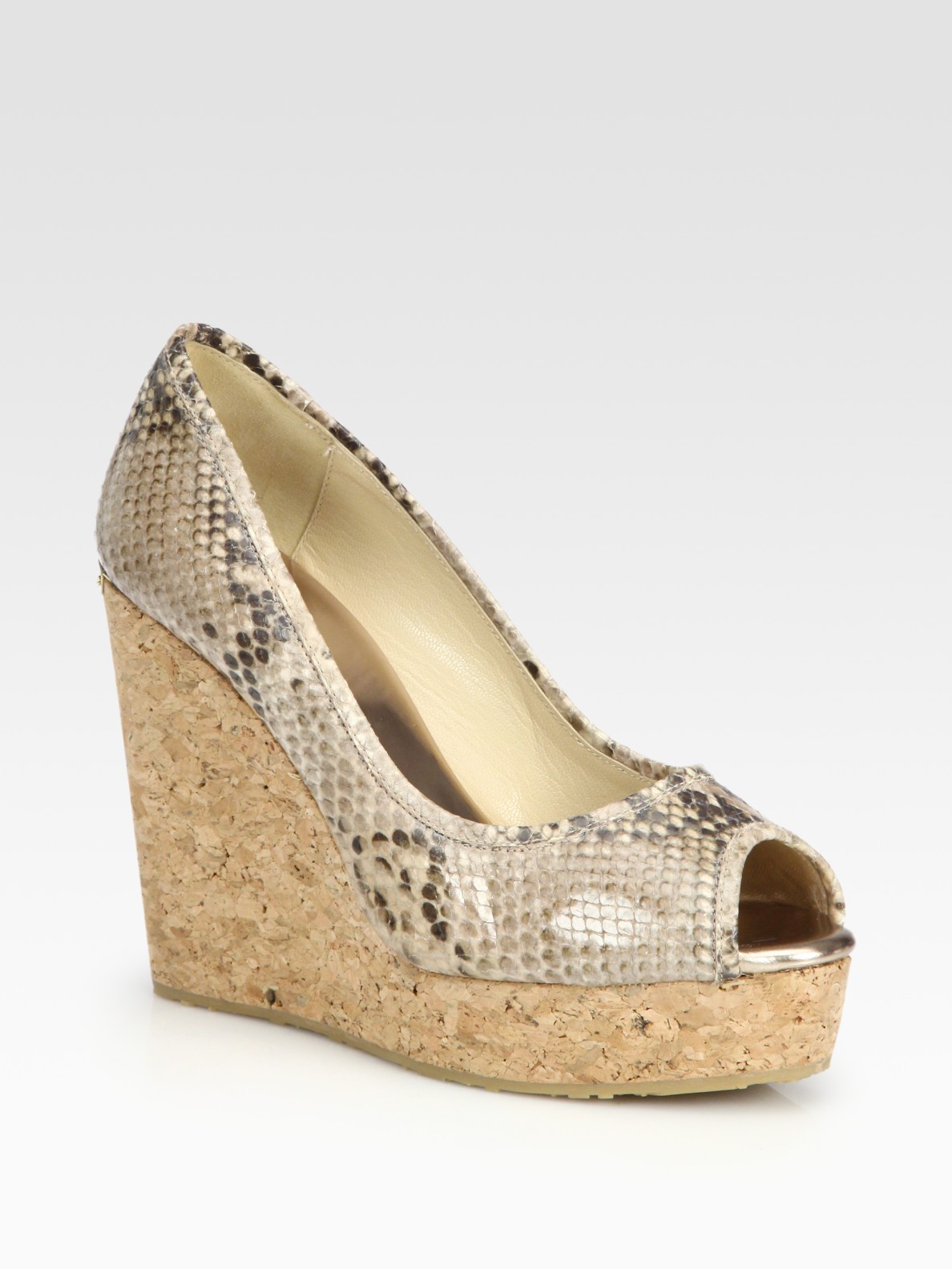 Jimmy Choo Papina Snakeprint Leather Cork Wedge Pumps in Beige (desert