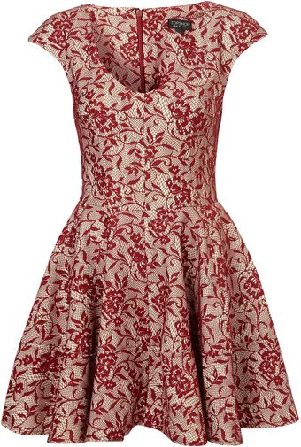 Topshop Bonded Red Lace Skater Dress - Lyst