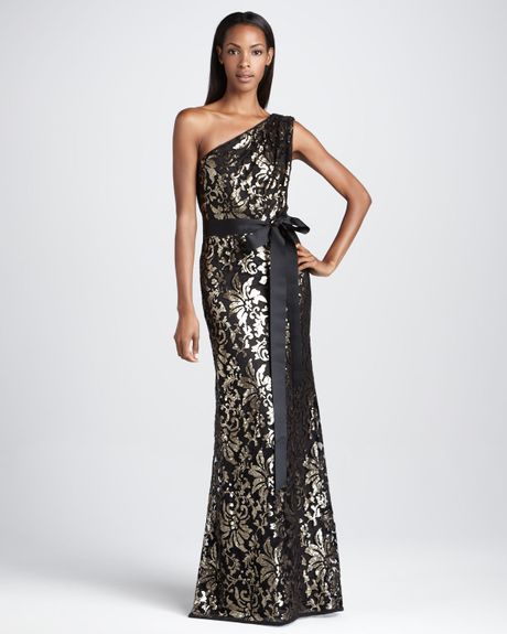 Tadashi Shoji Oneshoulder Sequined Gown in Gold (gold black) | Lyst