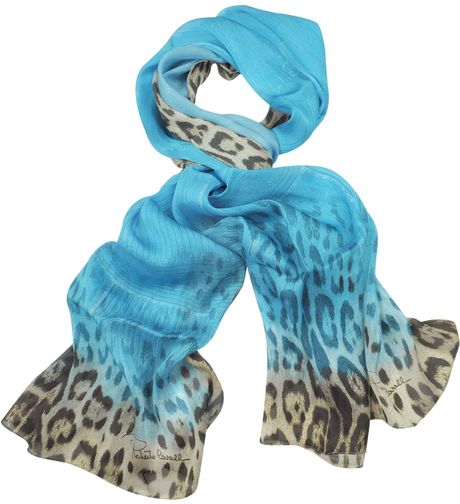 Roberto Cavalli  Leopard Silk Long Scarf in Blue - Lyst