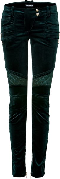 Balmain Bottle Green Lowrise Skinny Velvet Pants in Black (green) - Lyst