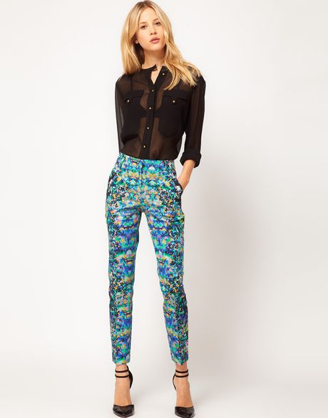 Asos Collection Asos Crop Trousers in Floral Print in Blue (greenprint) - Lyst