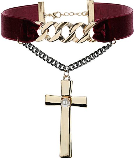 Topshop Velvet Cross Choker Necklace in Purple (burgundy) - Lyst