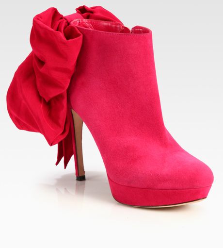 Alexander Mcqueen Suede Grosgrain Bow Platform Ankle Boots in Purple (pink) - Lyst