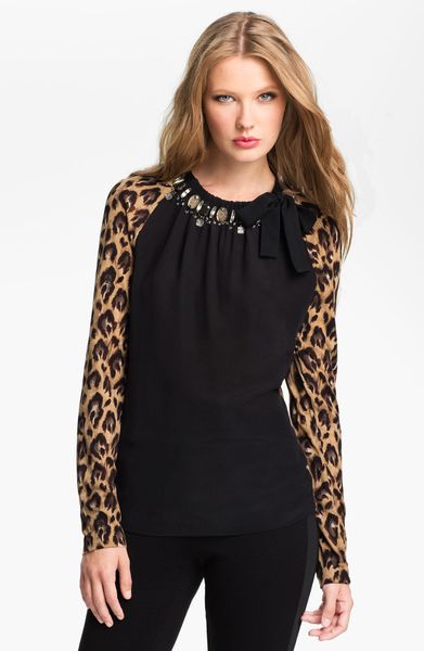 Tory Burch Allison Silk Wool Blouse in Black (black/ carmel wray) - Lyst