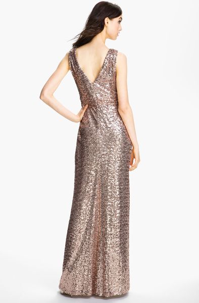 Badgley Mischka Double Vneck Sequin Gown In Gold Blush Lyst 