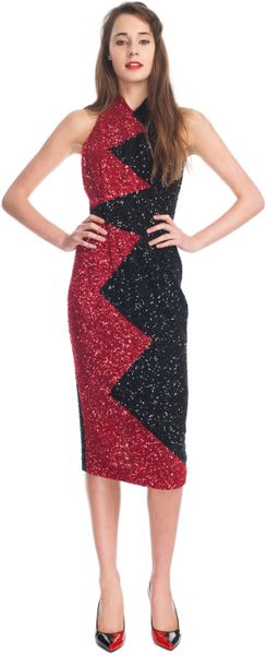 L'wren Scott Ss Chiffon and Random Stitch Technique Embroidered Dress in Red (black/red) - Lyst
