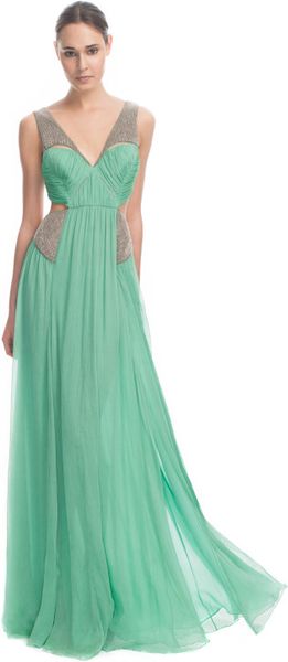 Matthew Williamson Ss Crinkle Chiffon Embroidered Cut Out Gown in Green (soft jade) - Lyst