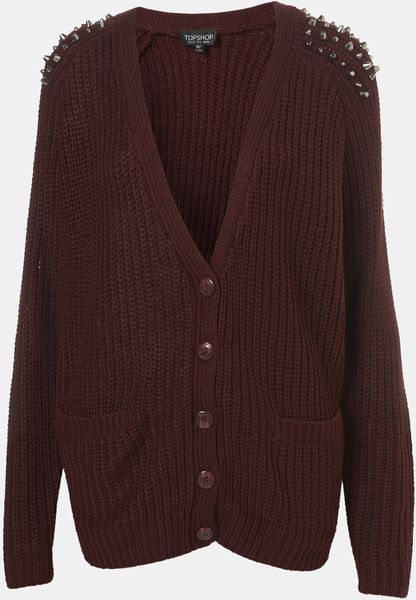Topshop Studded Slouchy Cardigan in Red (burgundy) - Lyst