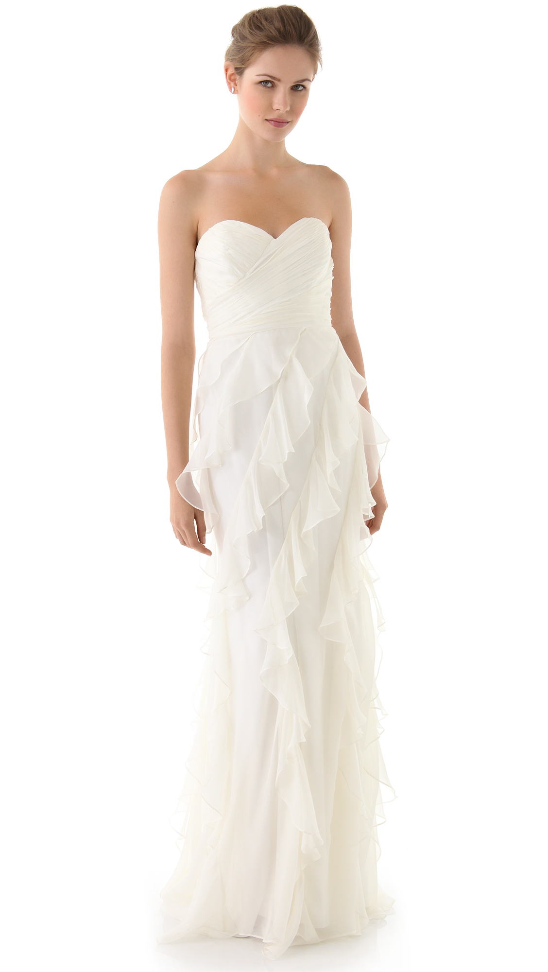 badgley mischka strapless ruffle gown