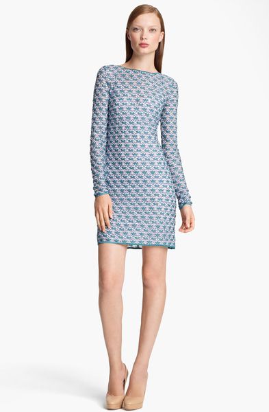 Missoni Long Sleeve Flame Stitch Dress in Blue (blue green white) - Lyst