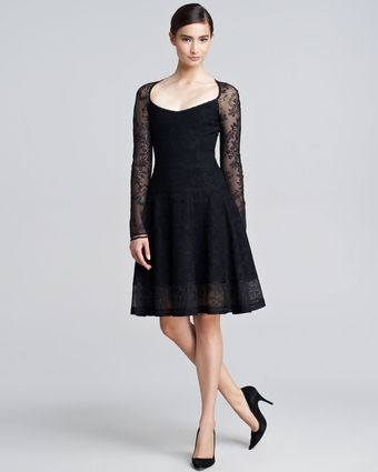 Zac Posen Longsleeve Lacejacquard Flounce Dr - Lyst