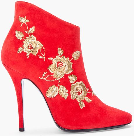 Balmain Red Anita Embroidered Suede Bootie in Red - Lyst