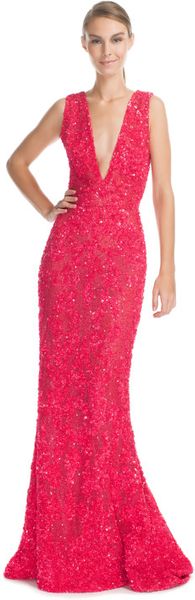 Elie Saab Ss Berry Fully Embroidered Vneck Long Dress in Purple (berry) - Lyst