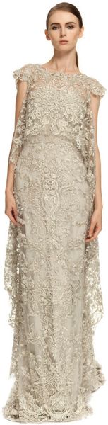 Marchesa Illusion Tulle Gown with Embroidered Cape Overlay in Silver - Lyst