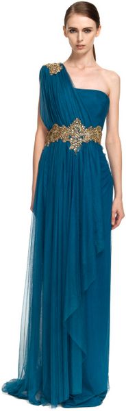 Marchesa One Shoulder Georgette Gown with Tulle Overlay in Blue (teal) - Lyst