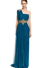 Marchesa One Shoulder Georgette Gown with Tulle Overlay