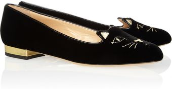 Charlotte Olympia Kitty Embroidered Velvet Flats - Lyst