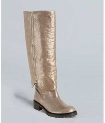 Fendi Petrol Metallic Leather Zucca Detail Cuffed Tall Boots - Lyst