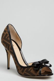 Fendi Tobacco Zucca Canvas Bow Peep Toe Pumps - Lyst