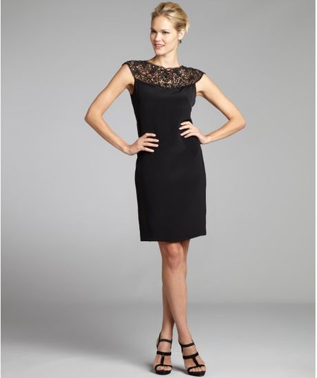 Marchesa Black Matte Silk Cap Sleeve Lace Top Dress in Black - Lyst