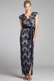Tadashi Shoji Navy Floral Lace V-neck Bow Belt Gown - Lyst